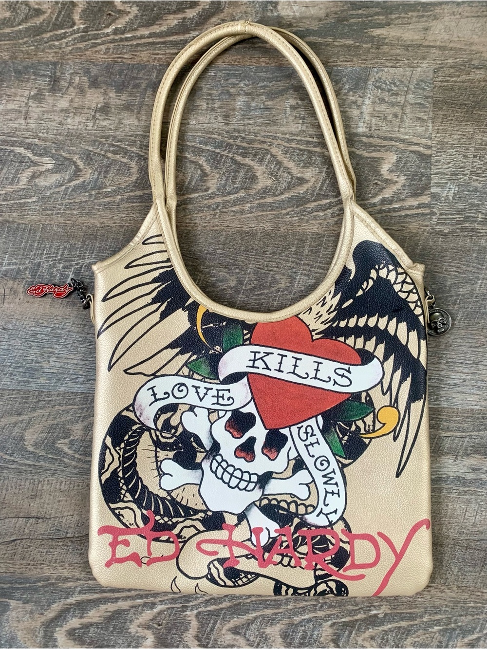Ed Hardy Y2K Gold Shoulder Bag with Red Heart & Black Skull Graphic